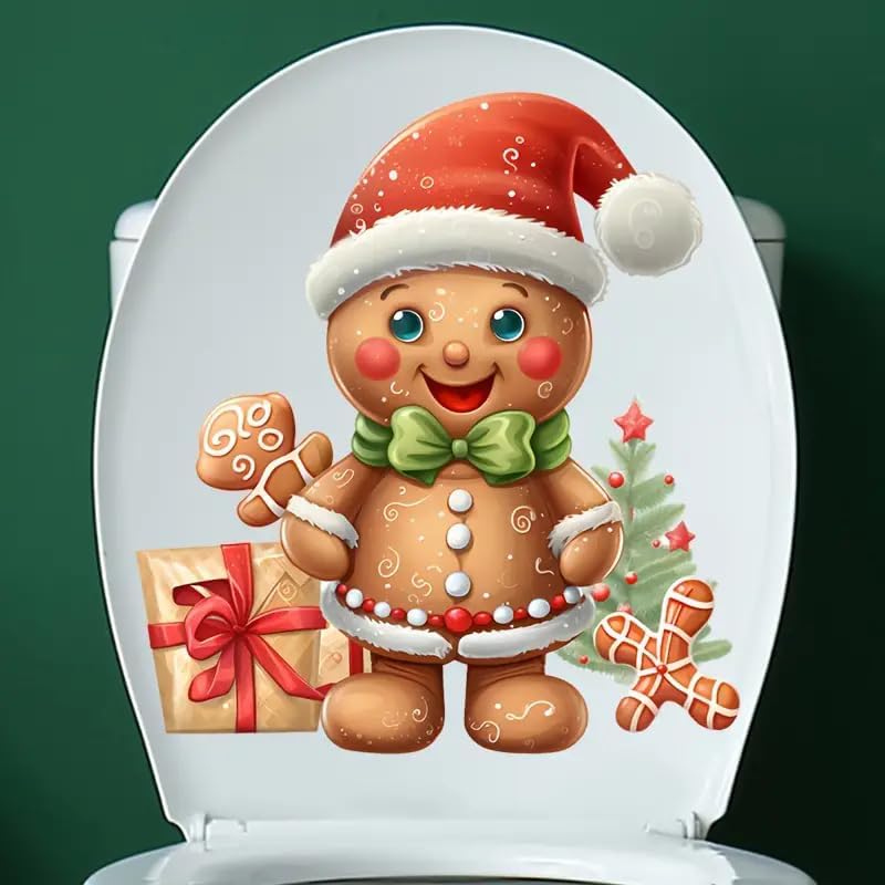 DIDOSOFT Christmas Gingerbread Man Gift Box Toilet Cover Sticker Decals,Fish Bird Flower Leaf Waterproof Toilet Lid Tank Seat Decals Cistern Self-Adhesive Bathroom Wall Sticker - Image 1